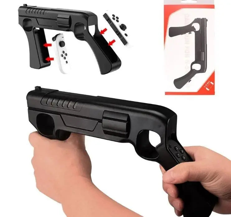 Black plastic gun-shaped controller accessory for Nintendo Switch Joy-Con with hands holding it and packaging