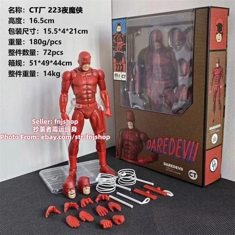 Daredevil action figure with multiple interchangeable hands, heads, weapons, and display stand beside packaging box