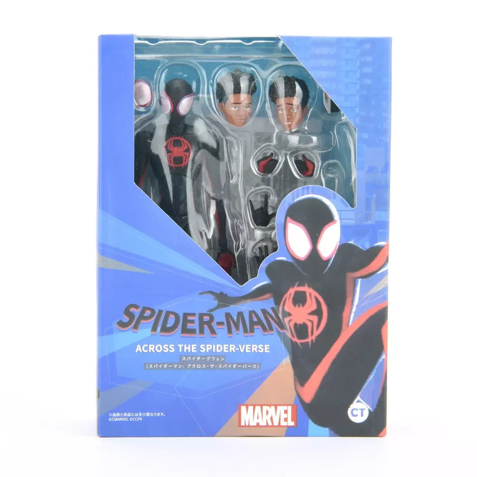 Spider-Man Across the Spider-Verse action figure featuring Miles Morales with two alternate heads and accessories in blue Marvel packaging