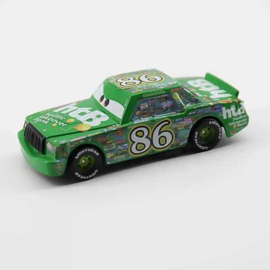 Green small die-cast toy race car with number 86 and sponsor decals, featuring cartoon eyes