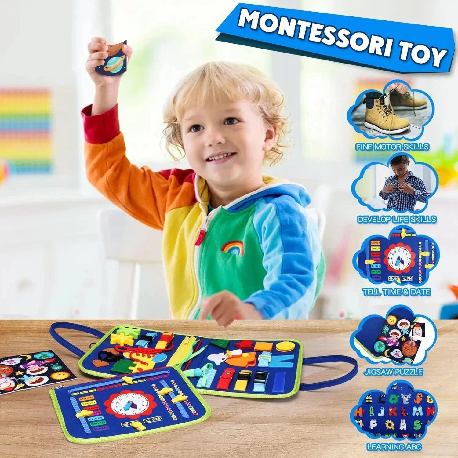 Child playing with colorful Montessori educational toy for fine motor skills, life skills, and learning ABC