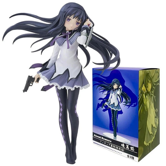 Akemi Homura anime figure with long dark hair, purple and white magical girl outfit, holding a gun