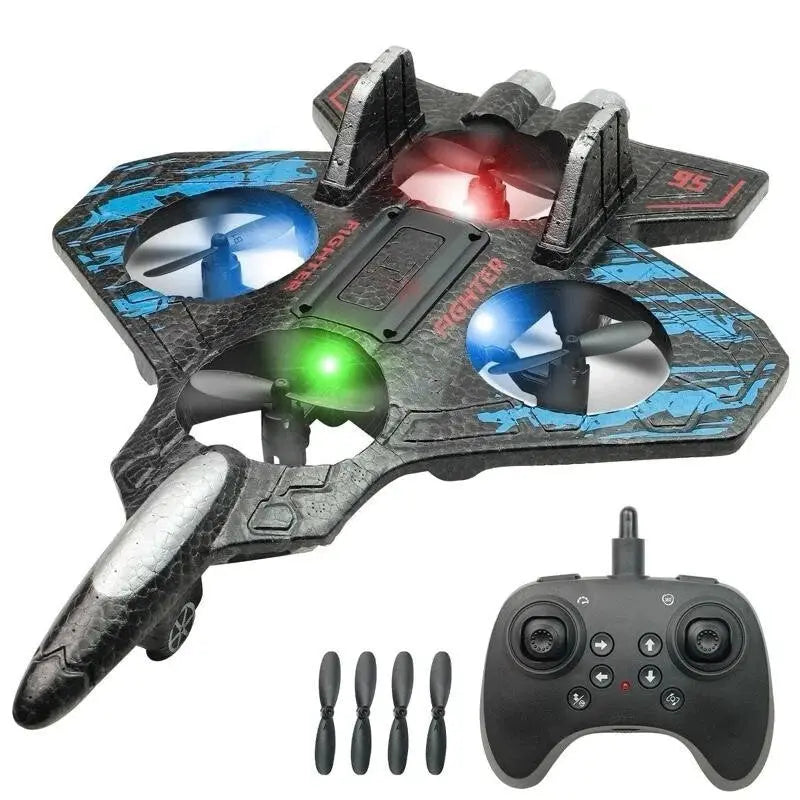 Black and blue fighter drone quadcopter with red and green LED lights, remote control, and extra propellers