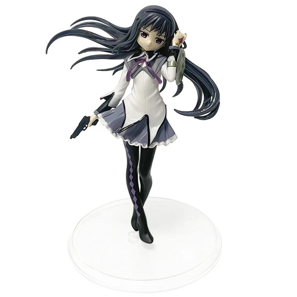 Anime figurine of a girl with long black hair holding a gun, wearing a white and purple outfit on a clear stand