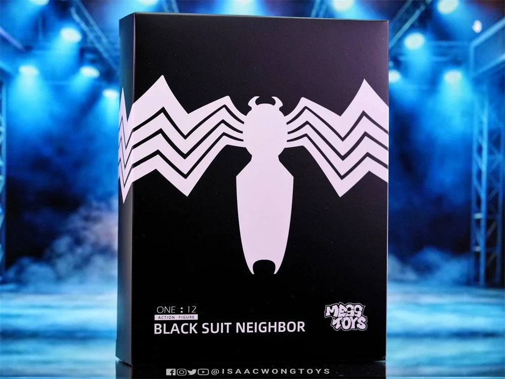 Black Suit Neighbor 1:12 scale action figure box with white spider logo on black background