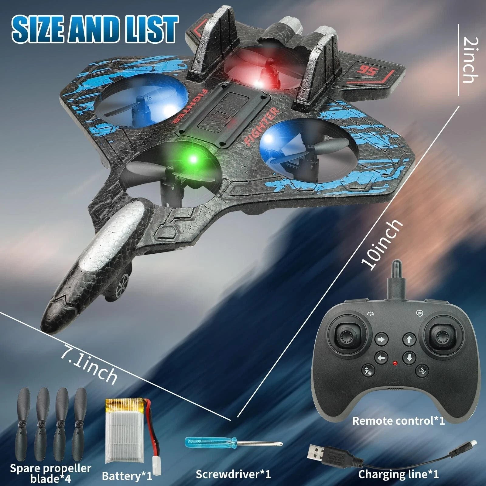 Compact black and blue quadcopter drone with LED lights, remote control, battery, screwdriver, charging cable, and spare propeller blades