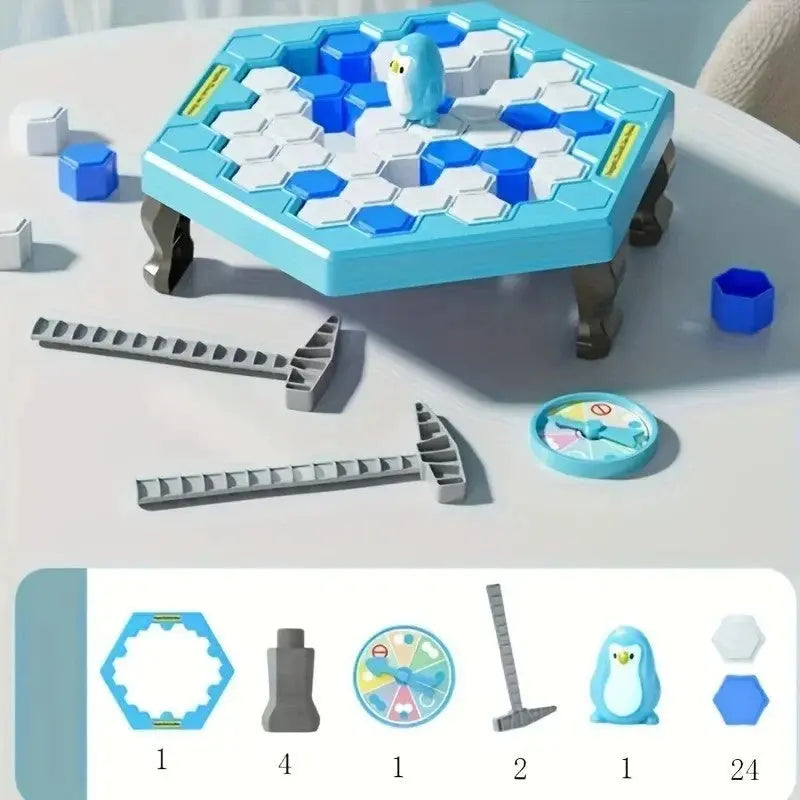 Penguin ice breaker game with hexagonal ice blocks, plastic ice picks, and spinning wheel on white table