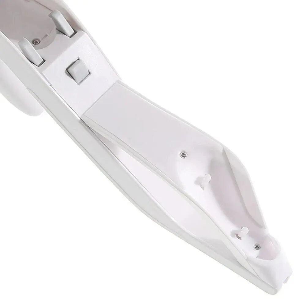 White plastic handheld stapler with visible metal stapling mechanism on white background