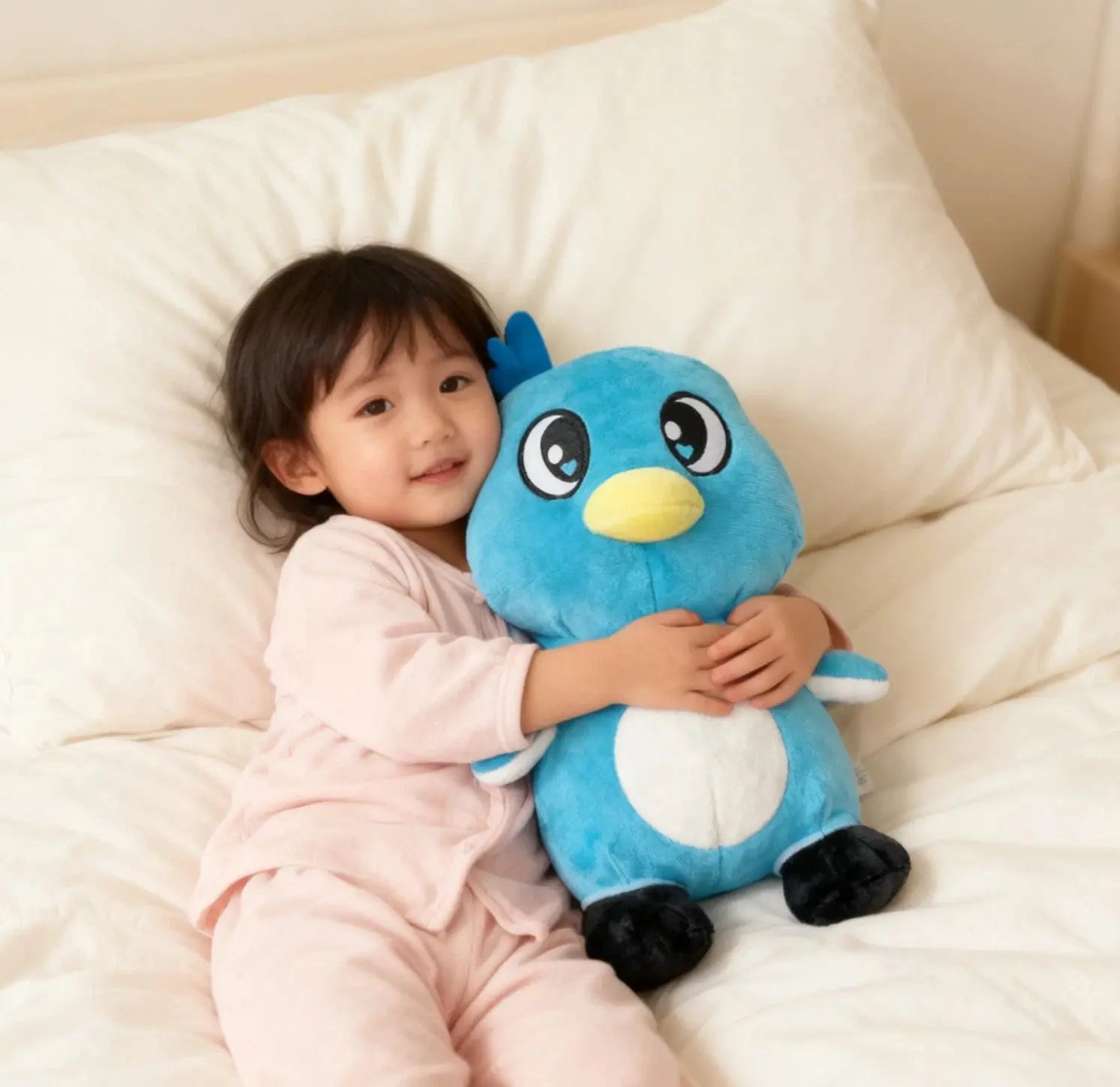 Toddler girl in pink pajamas hugging large blue plush penguin toy on white bed