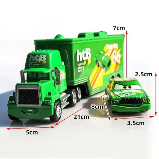 Green toy race truck and car with 'htB' logo and facial expressions, measuring dimensions shown