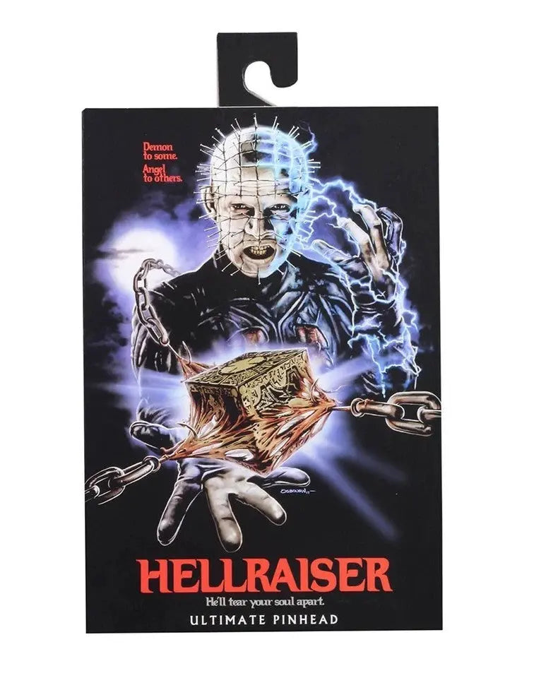 Hellraiser Ultimate Pinhead figure packaging with character holding chained puzzle box and lightning effects