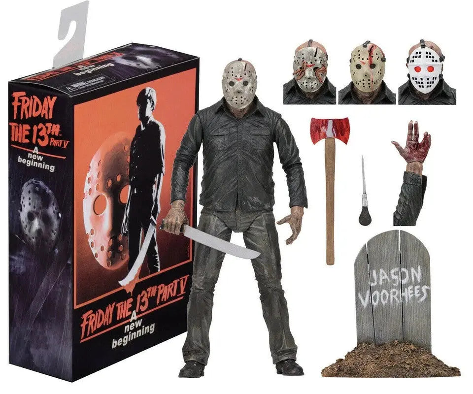 Friday the 13th Part V Jason Voorhees action figure with interchangeable masks, weapons, and tombstone