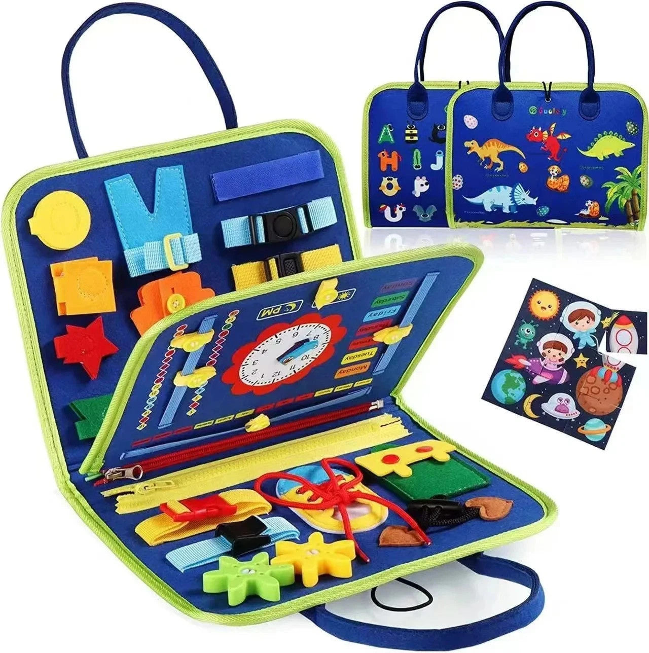 Blue and green toddler busy board activity bag with learning clock, buttons, zippers, and dinosaur alphabet prints