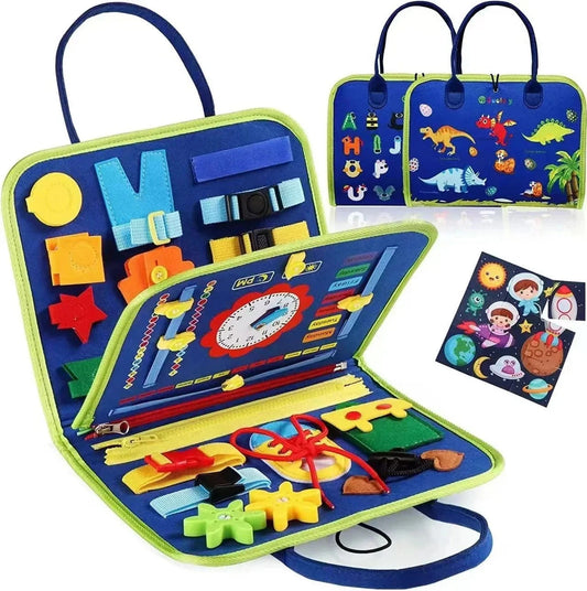 Blue and green toddler busy board activity bag with learning clock, buttons, zippers, and dinosaur alphabet prints