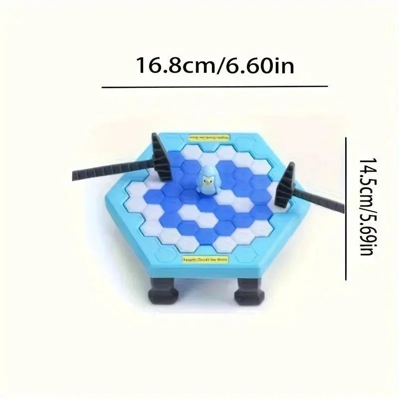 Blue and white hexagonal ice-breaking game with a penguin figure and two black hammers, measuring 16.8cm by 14.5cm