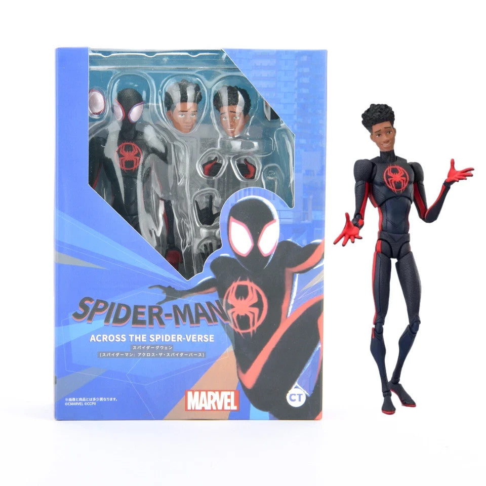 Spider-Man Miles Morales action figure from Across the Spider-Verse with alternate heads and hands in blue Marvel box