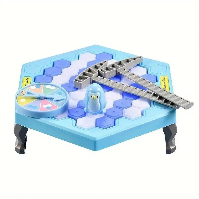 Ice-themed board game with hexagonal tiles, plastic penguin figure, gray ice pick tools, and colorful spinner