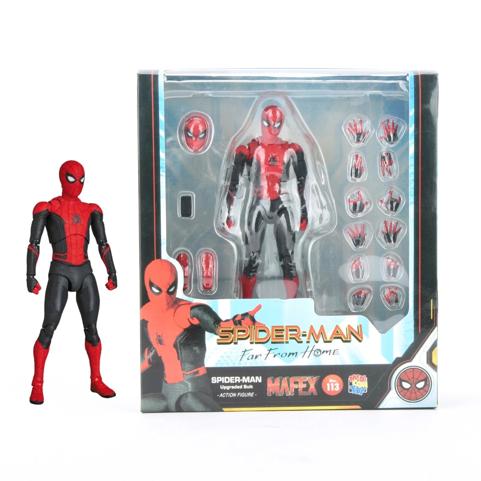 Spider-Man Far From Home MAFEX action figure with upgraded suit, multiple hands, and extra head in packaging