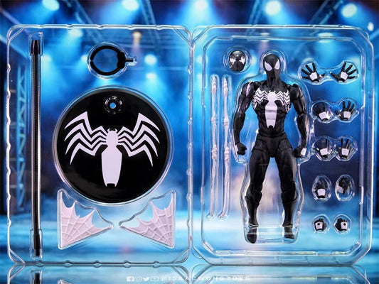 Black Spider-Man action figure with white spider emblem and multiple interchangeable hands and accessories in packaging
