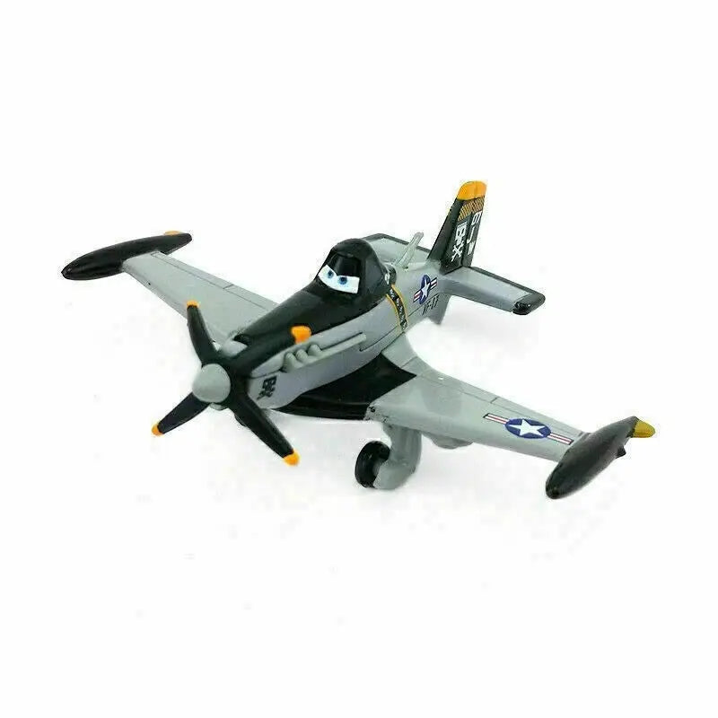 Gray and black toy airplane with animated eyes, propeller, and US Air Force insignia