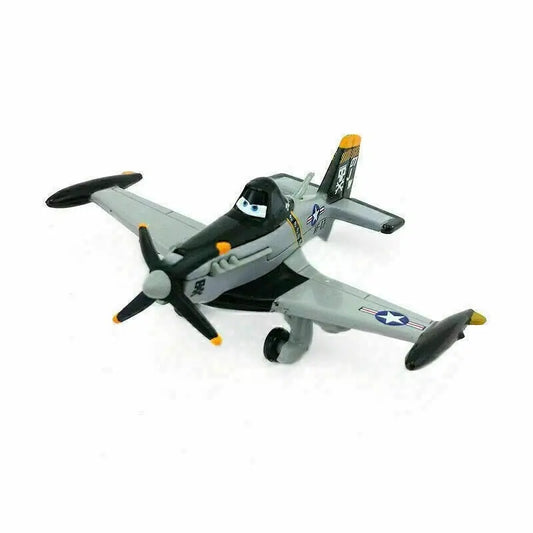 Gray and black toy airplane with animated eyes, propeller, and US Air Force insignia