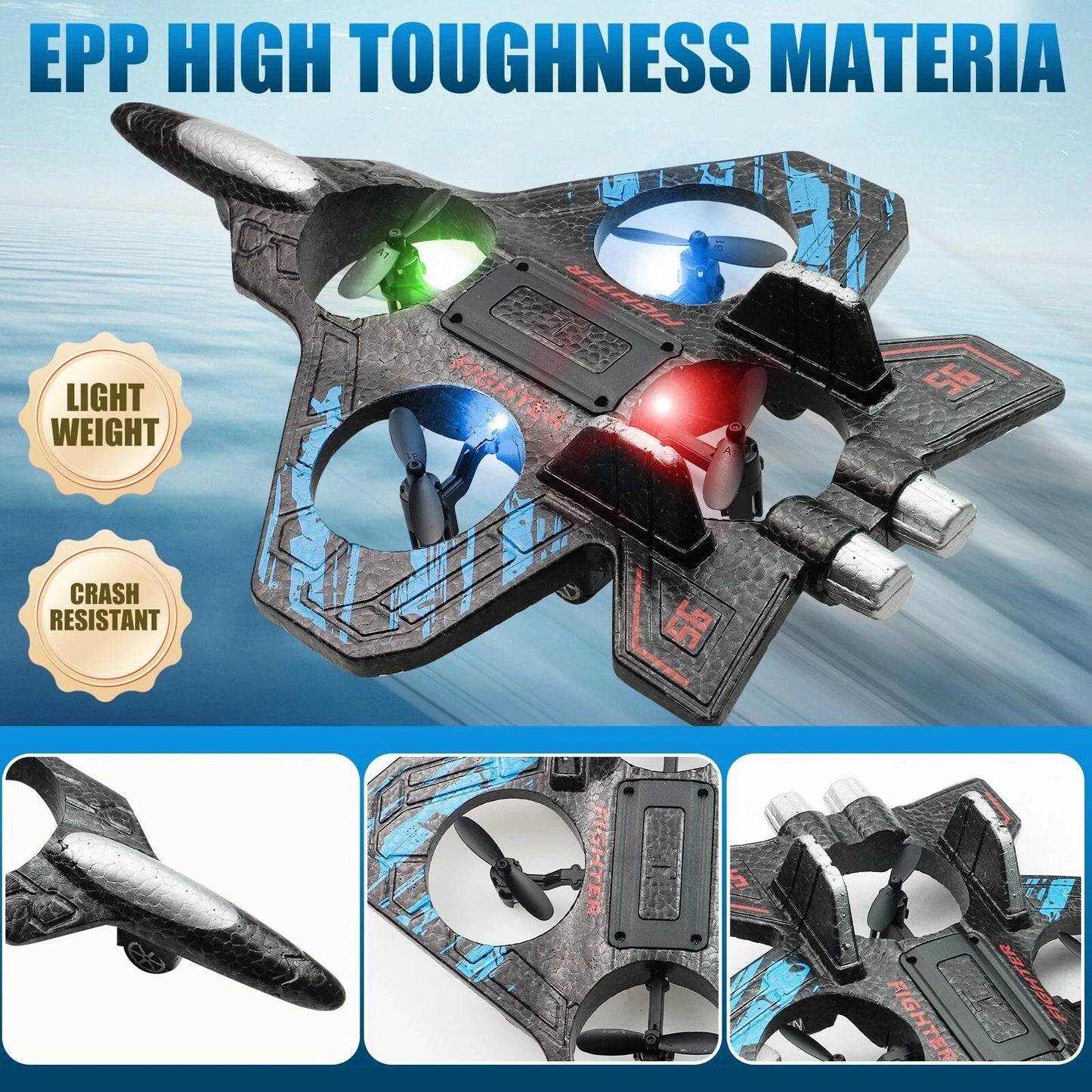 Black and blue remote control drone made of high toughness EPP material with lightweight, crash resistant design
