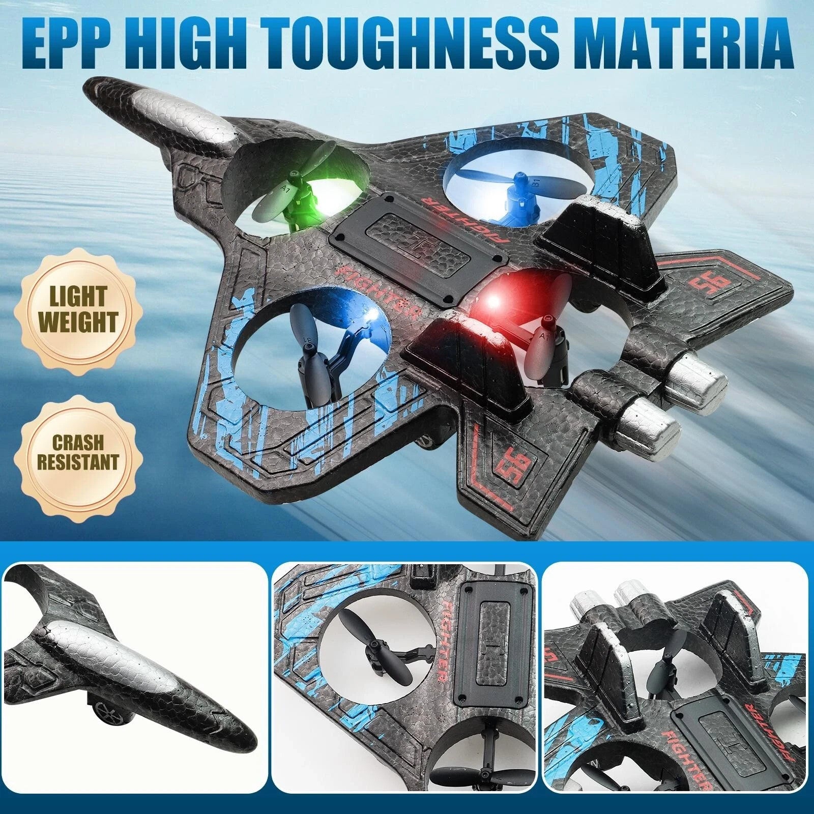 Black and blue remote control drone made of high toughness EPP material with lightweight, crash resistant design