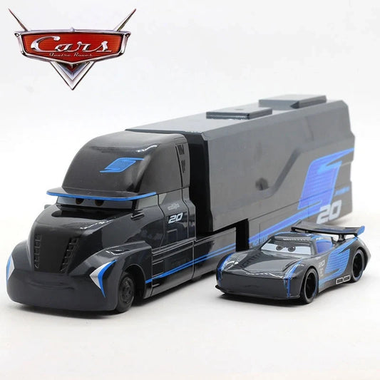 Black and blue Cars Quatre Roues toy truck and race car with number 20 design on white background