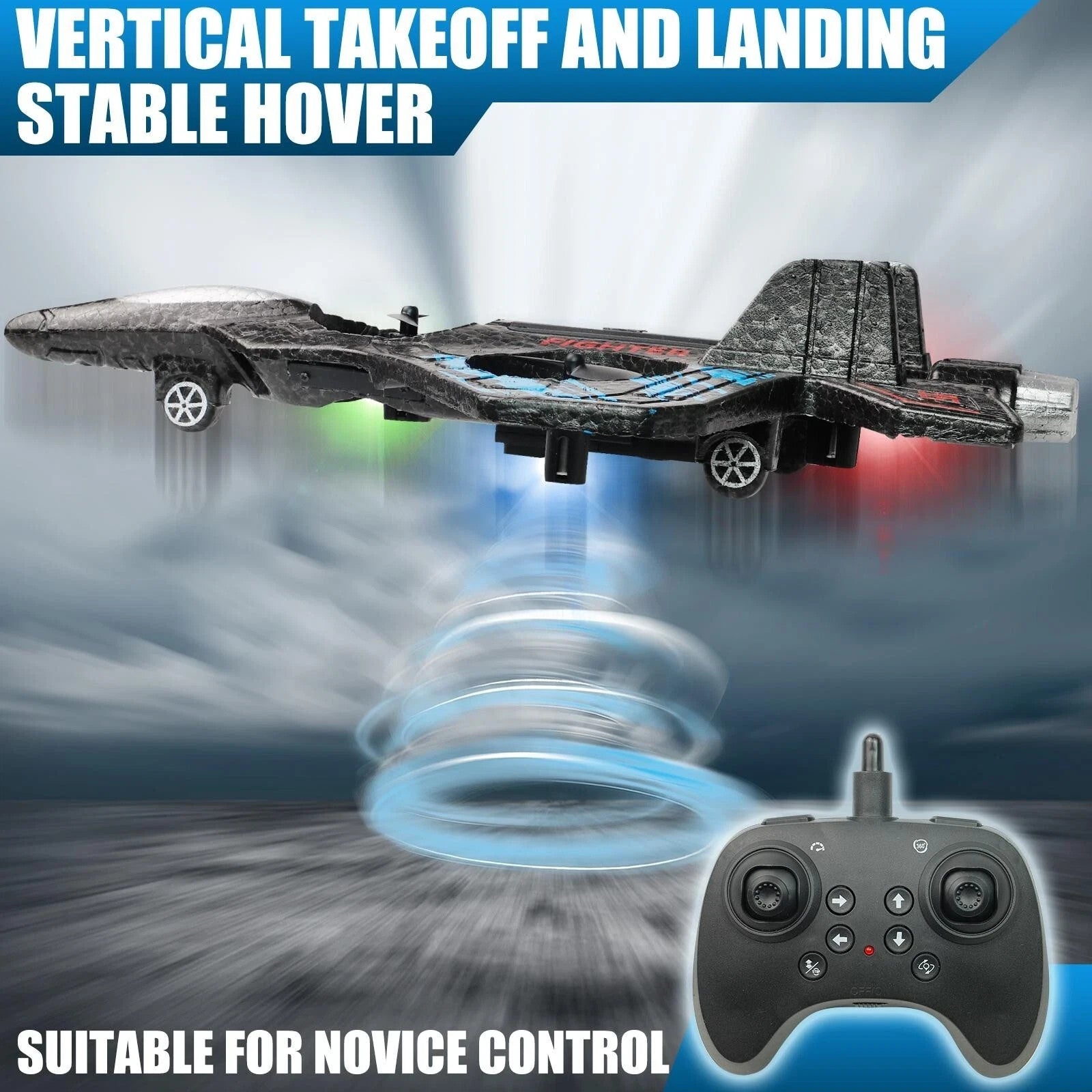 Black remote-controlled drone with vertical takeoff, stable hover, and colored lights, suitable for beginners