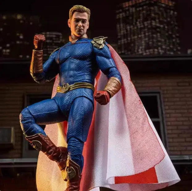Action figure of a superhero in blue textured suit with red and gold accents, red cape, and confident pose in urban night setting