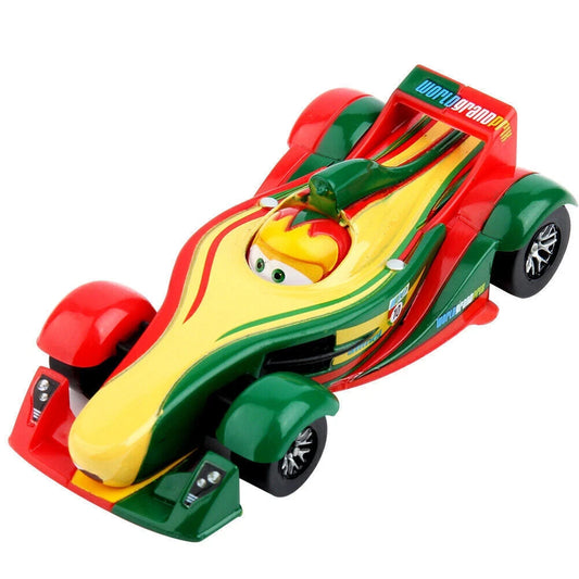 Colorful toy race car with red, yellow, and green design and animated eyes on the driver