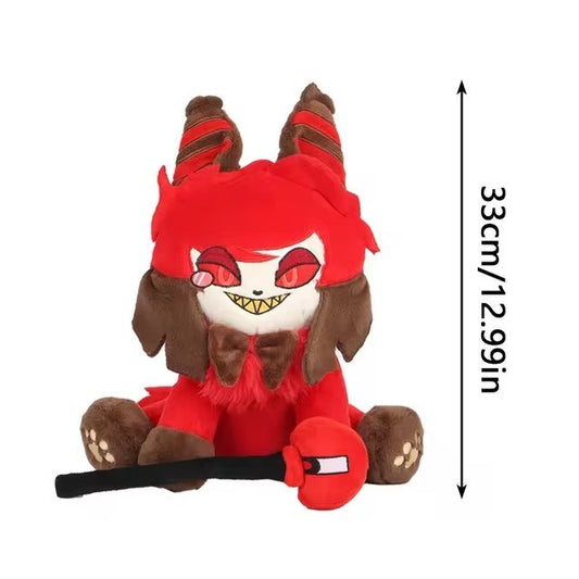 33cm red and brown plush toy with horns, sharp teeth smile, bow tie, holding black and red hammer