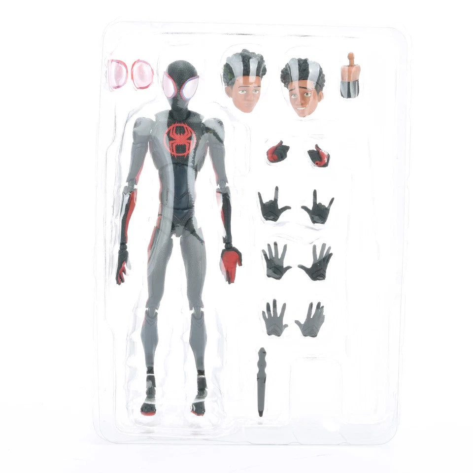 Spider-Man Miles Morales action figure with extra heads, hands, and accessories in packaging