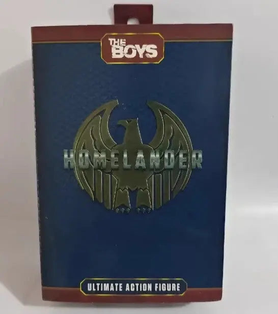 The Boys Homelander ultimate action figure packaging with eagle logo on blue and brown background