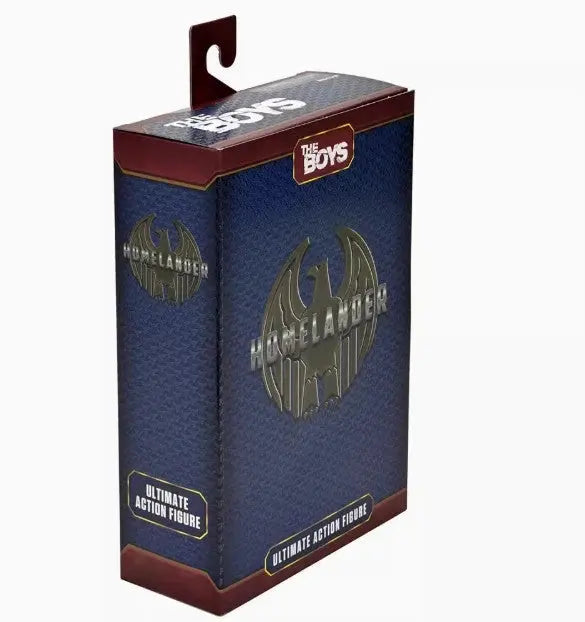 The Boys Homelander ultimate action figure packaging in navy blue with gold logo and maroon accents