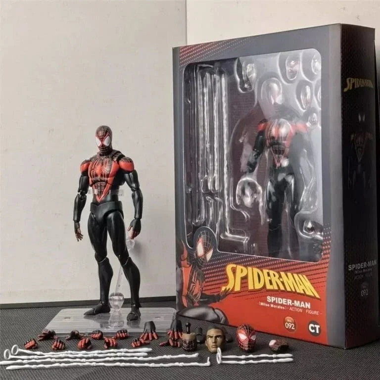 Spider-Man Miles Morales action figure with multiple interchangeable hands, heads, webs, and accessories next to its box