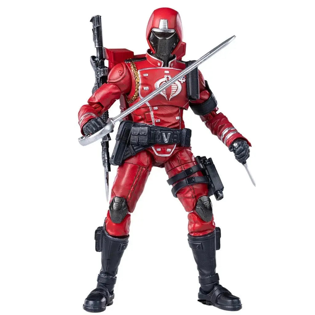 Red Cobra soldier action figure with sword and knife, detailed futuristic armor and weapons