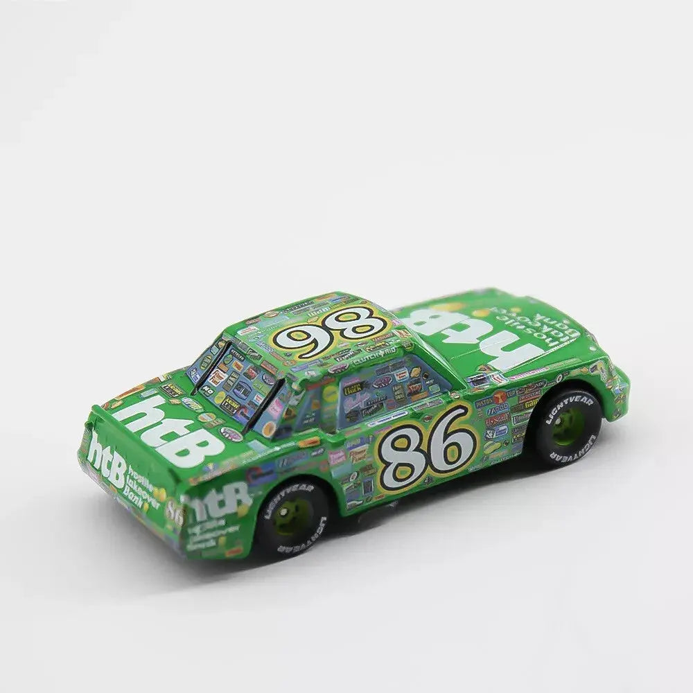 Green toy race car number 86 with htb branding and sponsor decals on white background