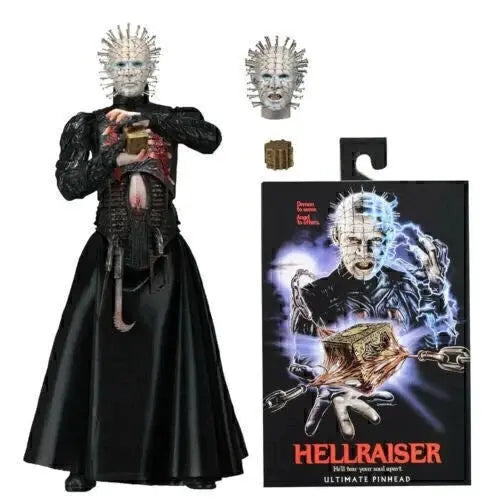 Hellraiser Ultimate Pinhead action figure with alternate head and puzzle box in black robe and detailed costume