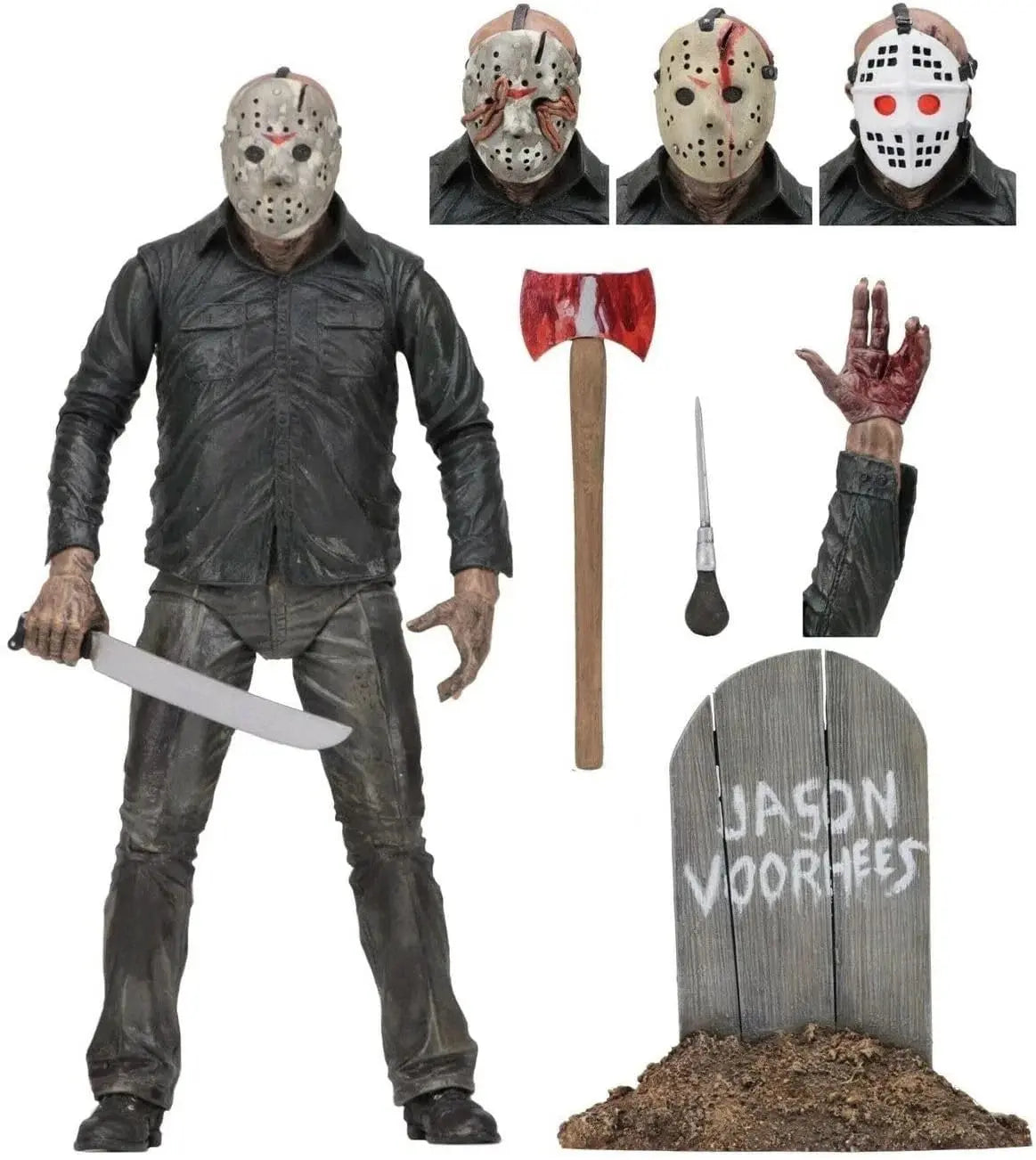 Jason Voorhees horror action figure with four interchangeable hockey masks, bloody axe, knife, severed hand, and gravestone