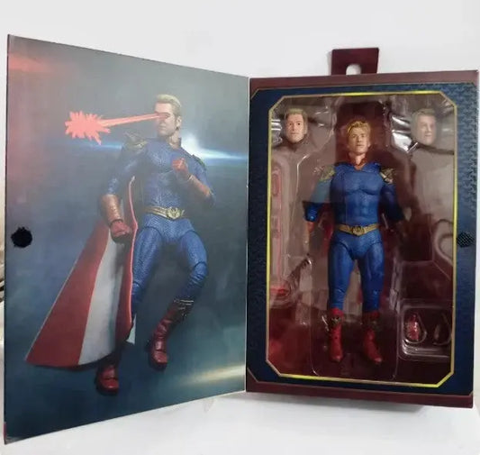 The Boys action figure in blue superhero suit with red cape, extra heads and accessories in open collectible box