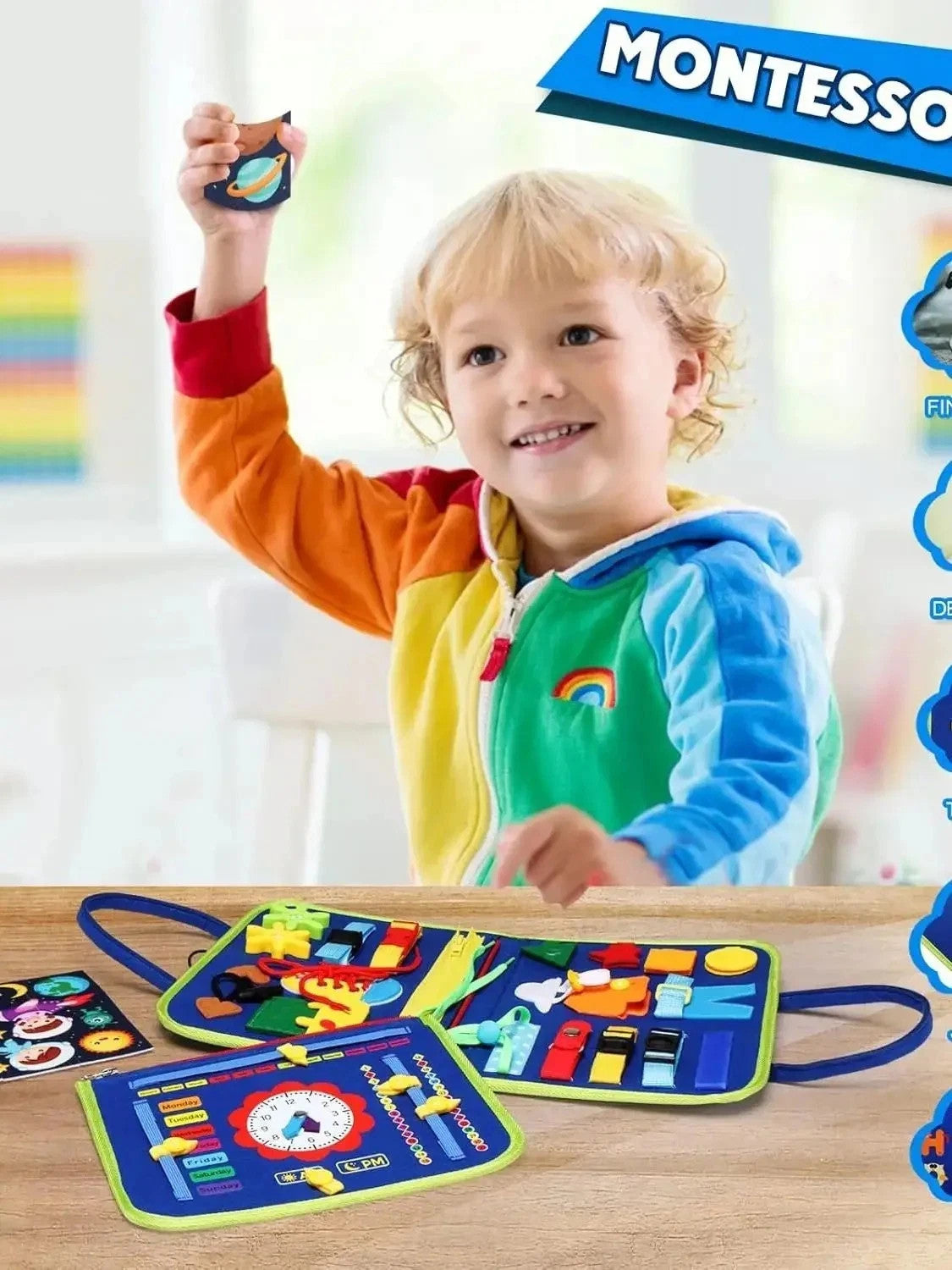 Happy toddler in colorful hoodie playing with Montessori educational toy activity board