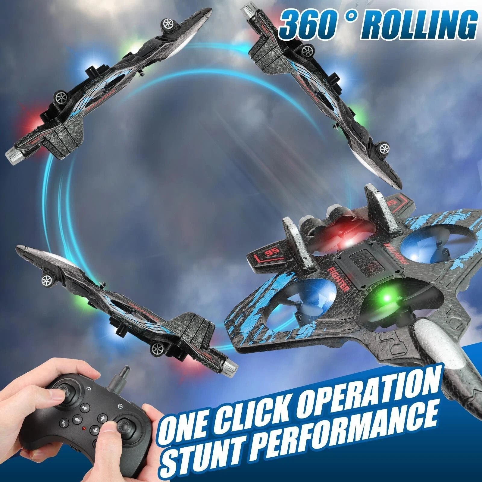 Remote controlled stunt drone performing 360-degree rolling with one click operation