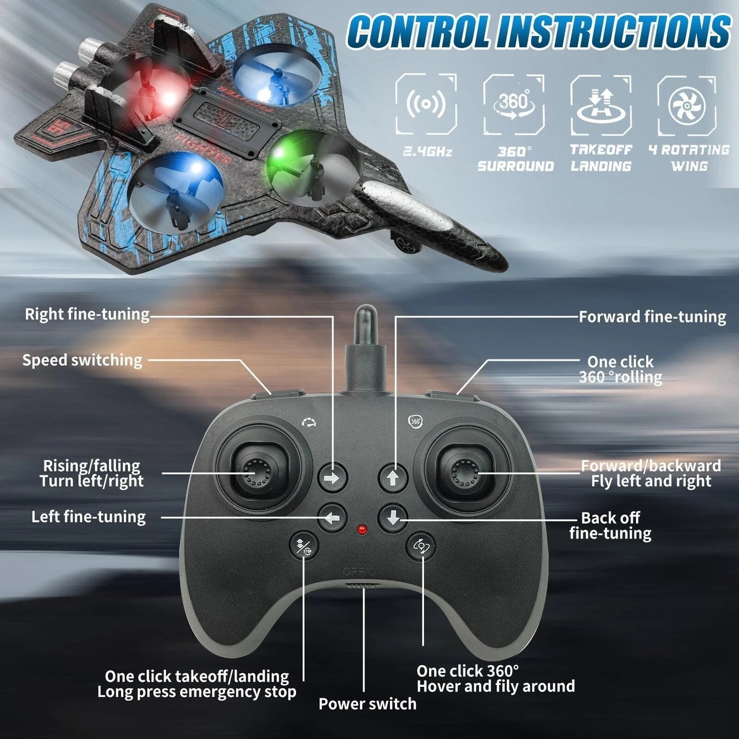 Remote controller for quadcopter drone with labeled control instructions and a flying drone with LED lights
