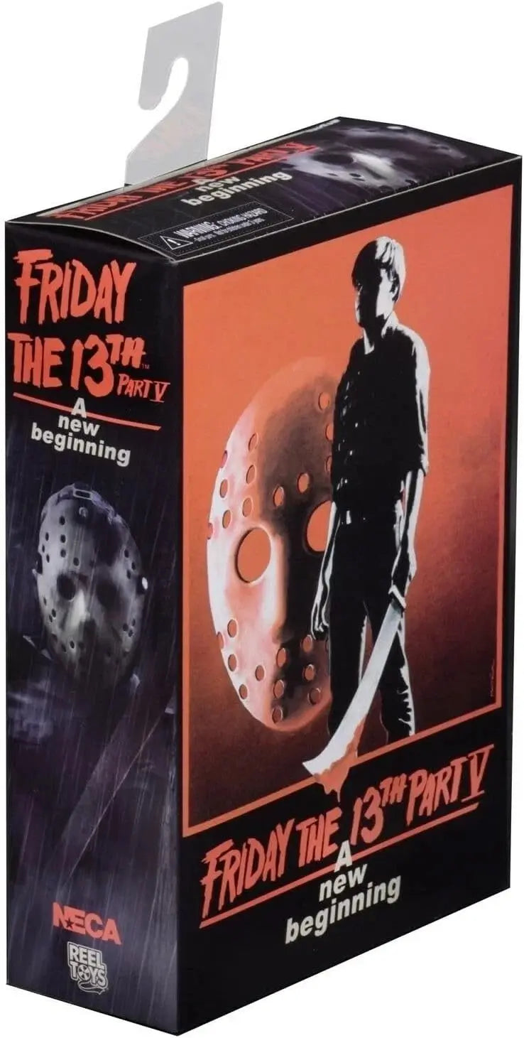 Friday the 13th Part V action figure box featuring masked figure holding machete against orange background